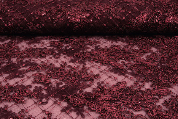Mesh Embroidered  Sequins Quenya Wine Red