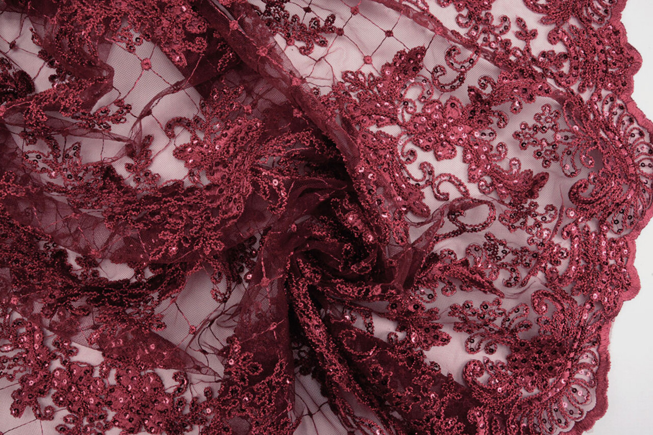 Mesh Embroidered  Sequins Quenya Wine Red