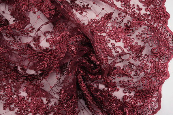 Mesh Embroidered  Sequins Quenya Wine Red