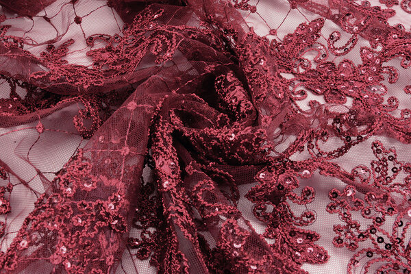 Mesh Embroidered  Sequins Quenya Wine Red