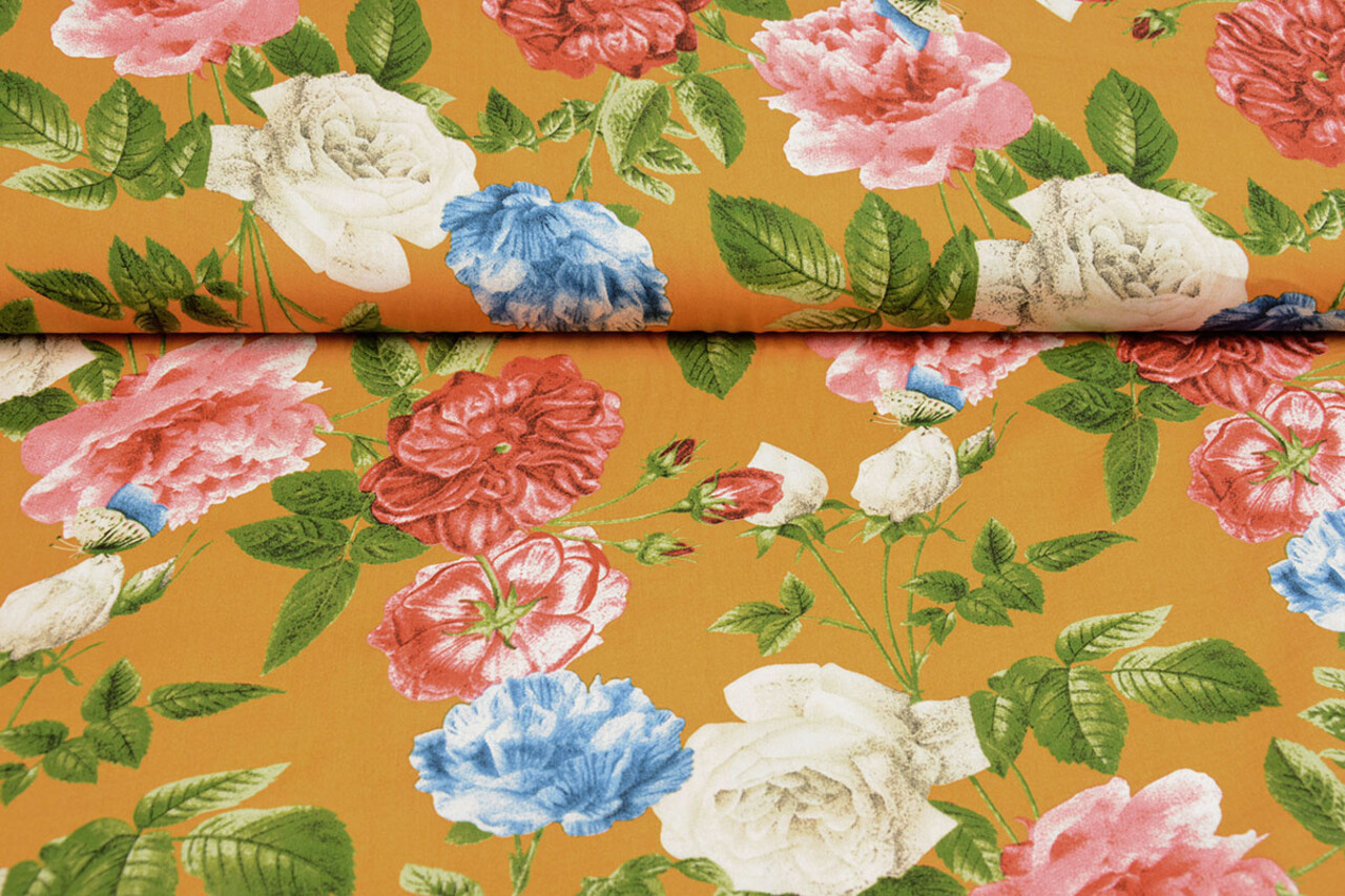 100% Viscose Sophia Butterfly on Roses Ocher