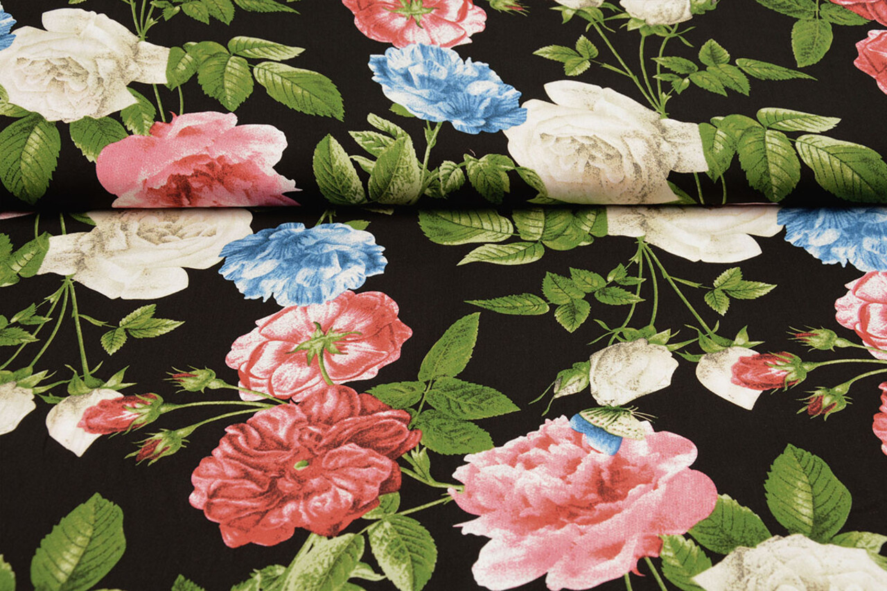 100% Viscose Sophia Butterfly on Roses Black