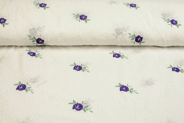 Broderie Katoen Roosjes Paars Broderie Katoen Roosjes Paars