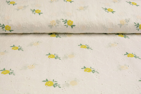 Broderie Katoen Roosjes Geel