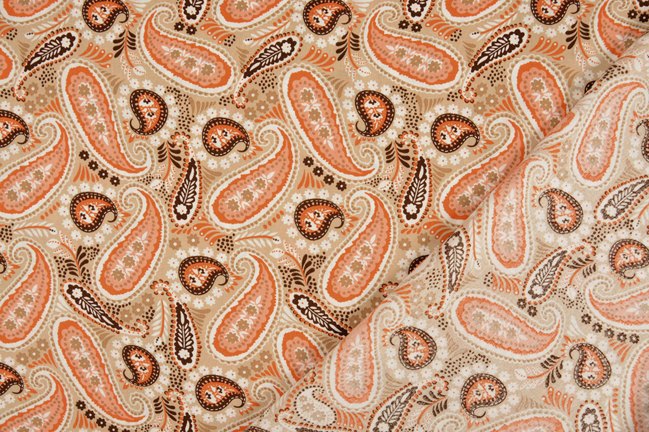 100% Viscosa Yingi Paisley Marrone Arancione 100% Viscosa Yingi Paisley Marrone Arancione