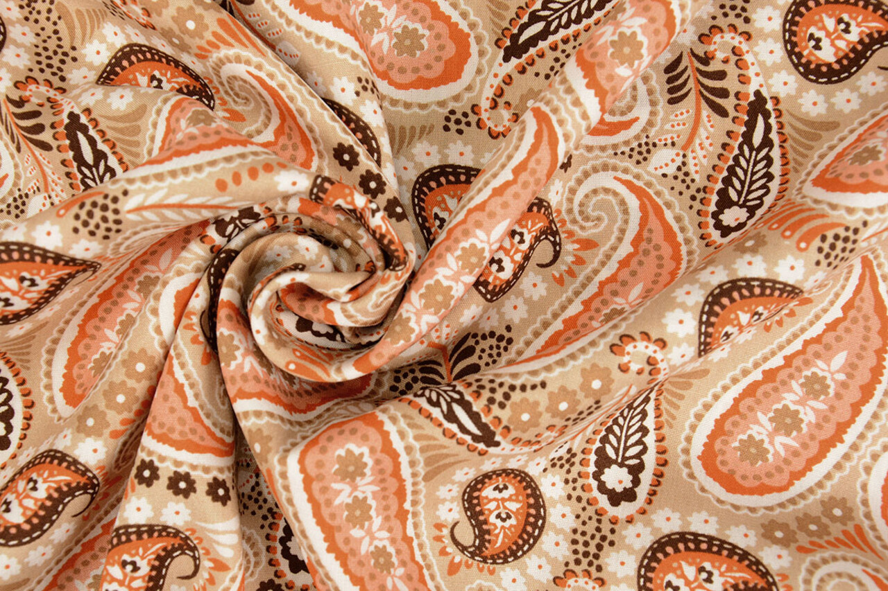 100% Viscosa Yingi Paisley Marrón Naranja 100% Viscosa Yingi Paisley Marrón Naranja