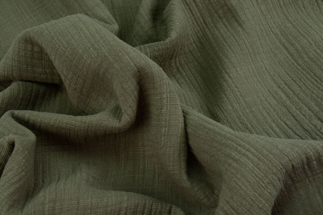 Oeko-Tex® Coton Double Gaze Texture Lin Vert Militaire Oeko-Tex® Coton Double Gaze Texture Lin Vert Militaire