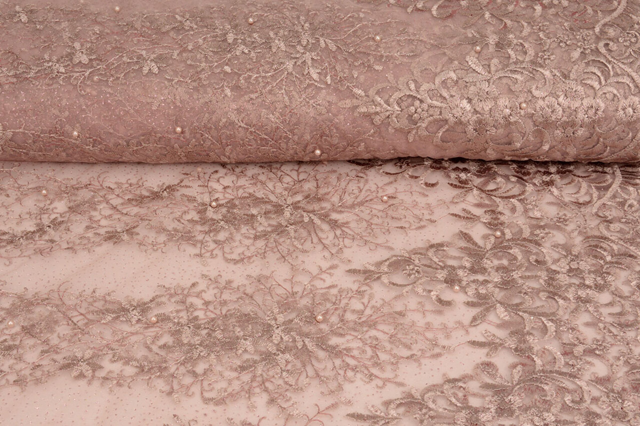 Mesh Embroidered Hyacinth Glitter with Pearl Powder Pink
