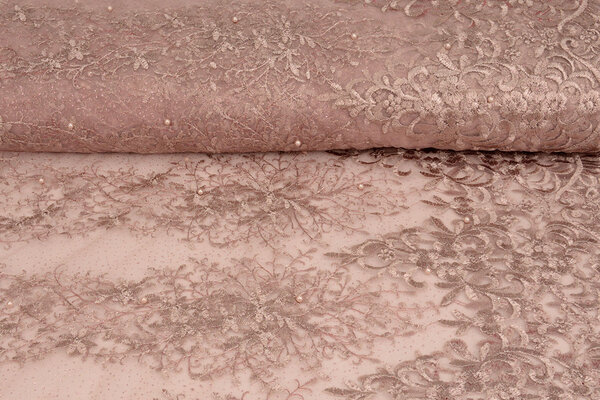 Mesh Embroidered Hyacinth Glitter with Pearl Powder Pink