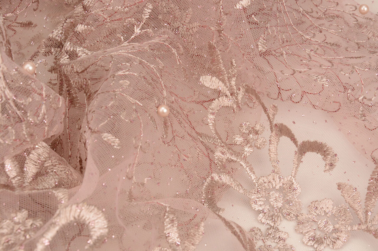 Mesh Embroidered Hyacinth Glitter with Pearl Powder Pink