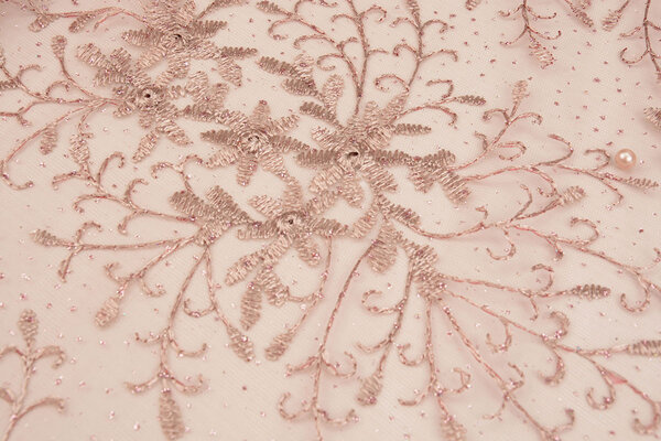 Mesh Geborduurd Hyacinth Glitter met Parel Poeder Roze