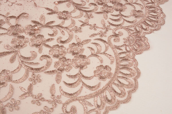 Mesh Geborduurd Hyacinth Glitter met Parel Poeder Roze