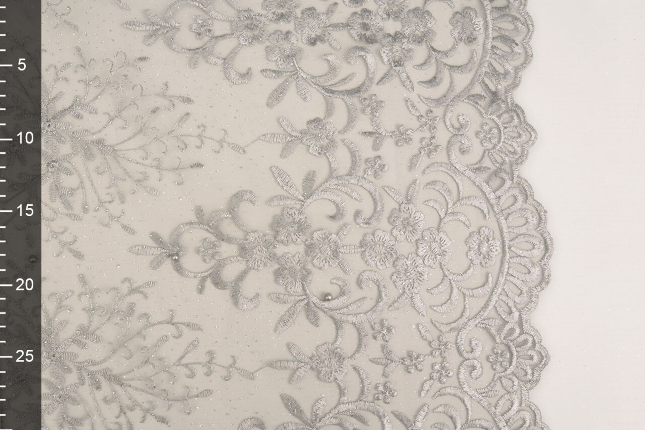 Mesh Embroidered Hyacinth Glitter with Pearl Silver