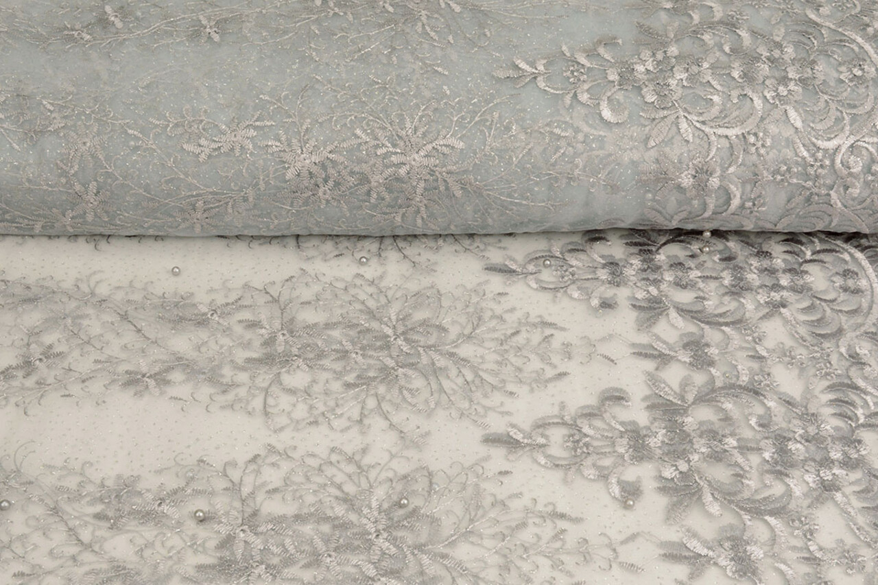 Mesh Geborduurd Hyacinth Glitter met Parel Zilver