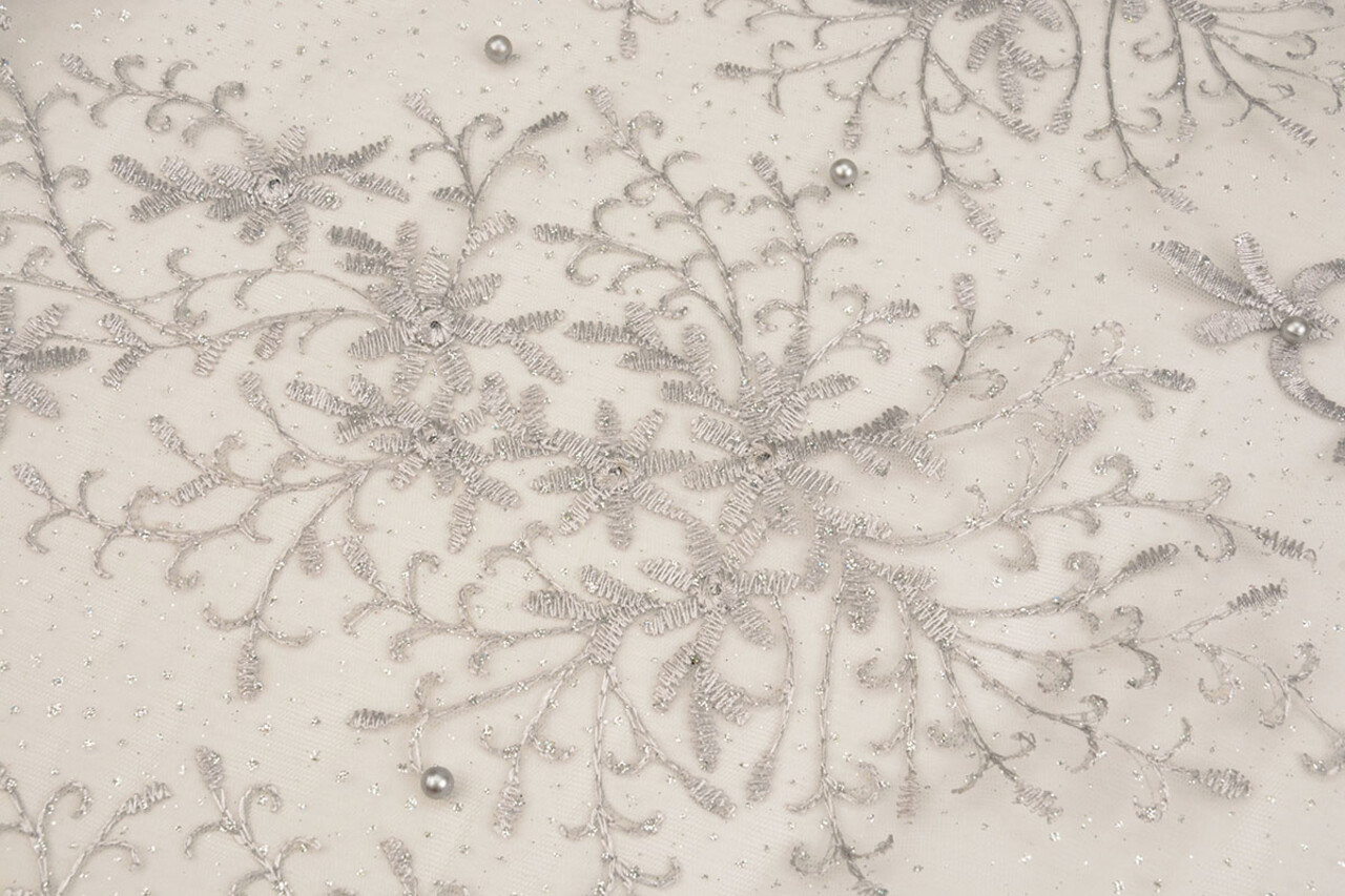 Mesh Embroidered Hyacinth Glitter with Pearl Silver