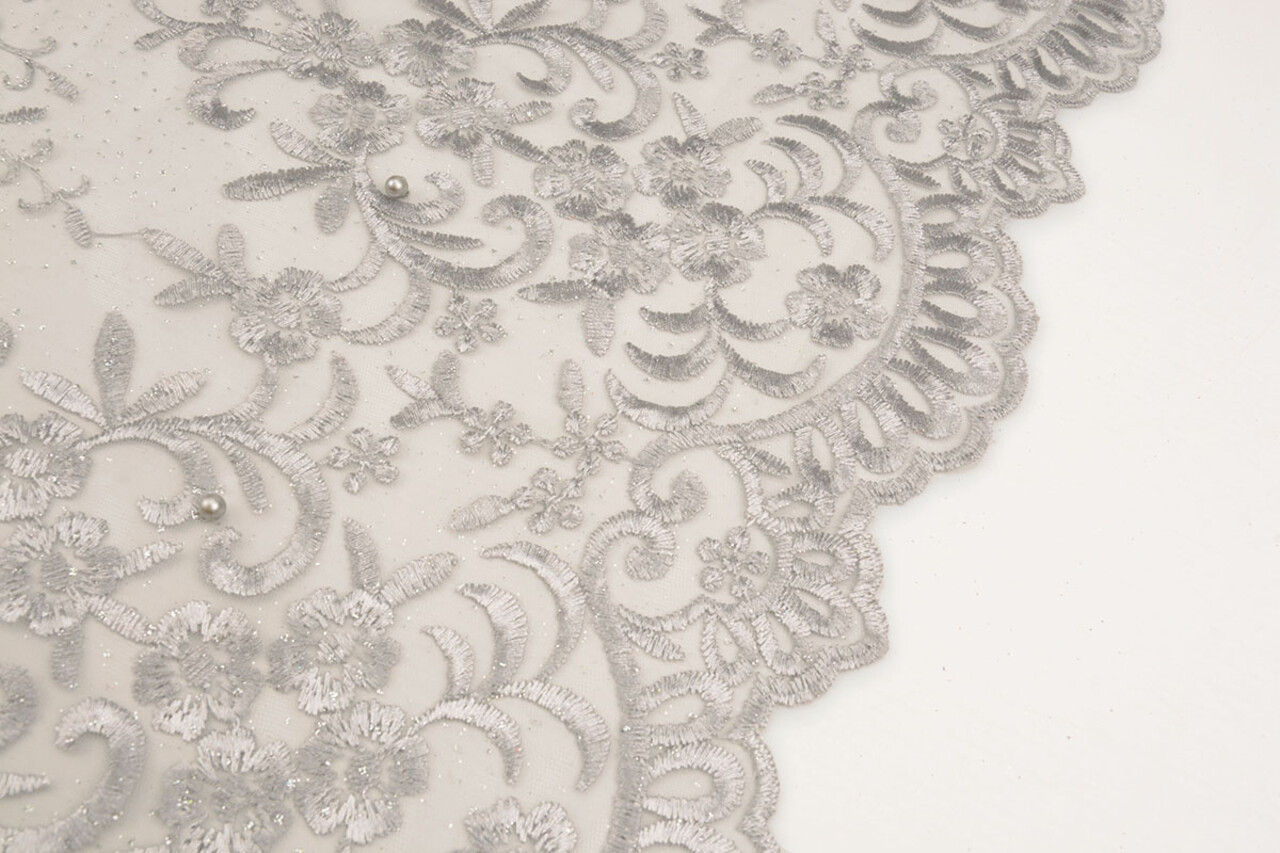 Mesh Embroidered Hyacinth Glitter with Pearl Silver