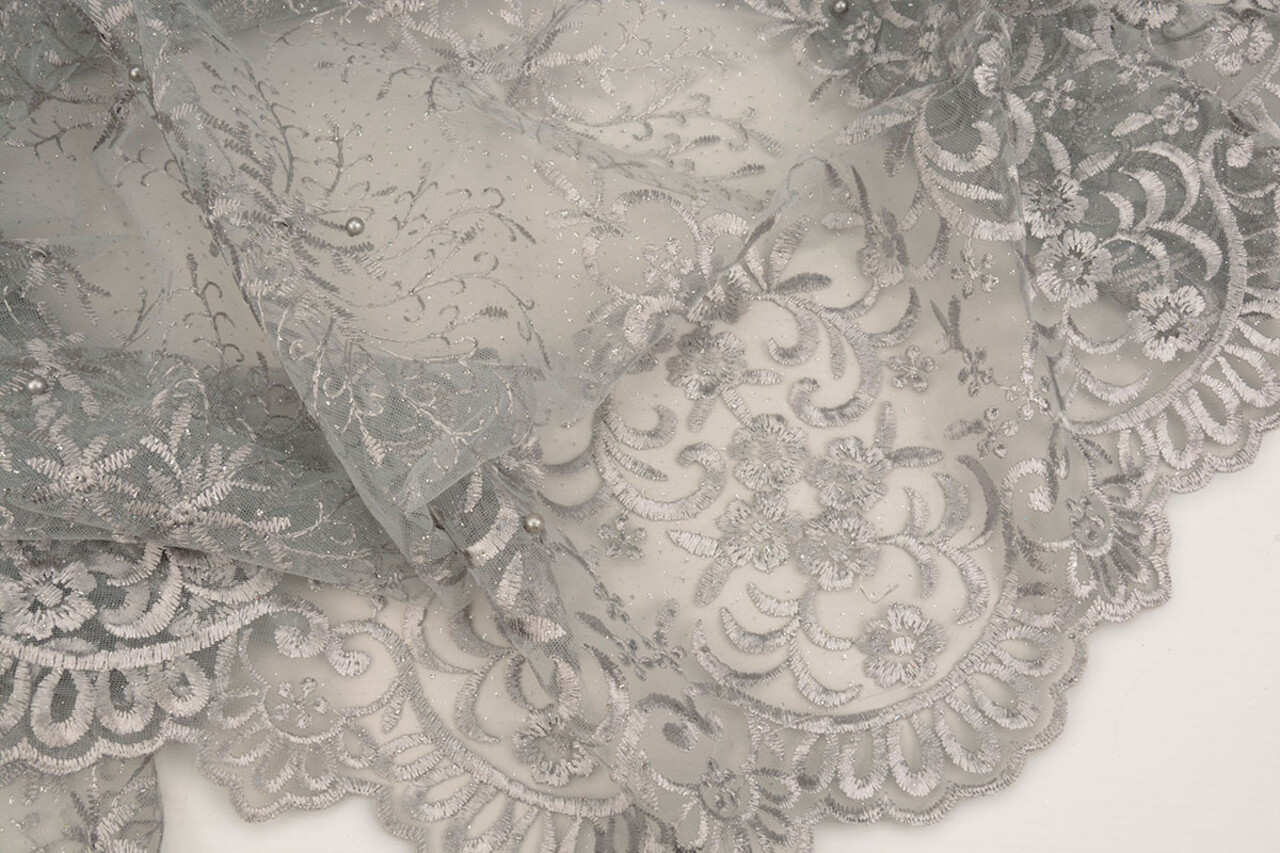 Mesh Embroidered Hyacinth Glitter with Pearl Silver