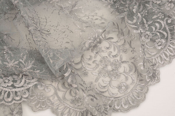 Mesh Embroidered Hyacinth Glitter with Pearl Silver