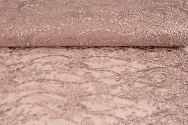 Mesh Geborduurd Mary Glitter met Parel Poeder Roze