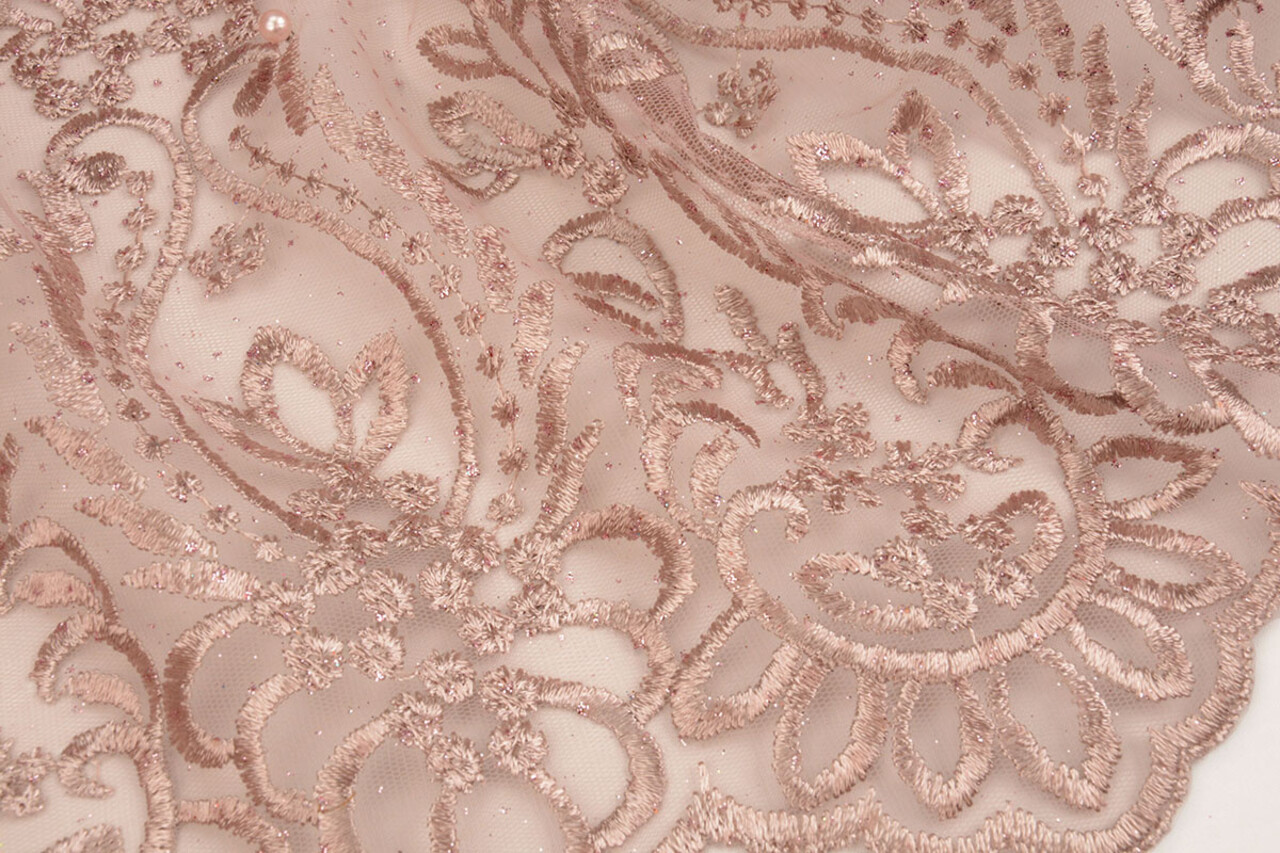 Mesh Embroidered Mary Glitter with Pearl Powder Pink