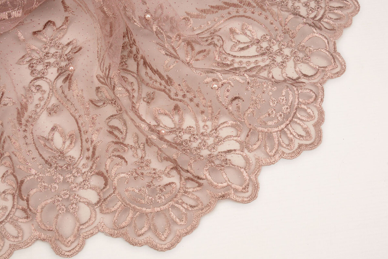 Résille Brodé Mary Paillettes avec Perle Rose Poudré