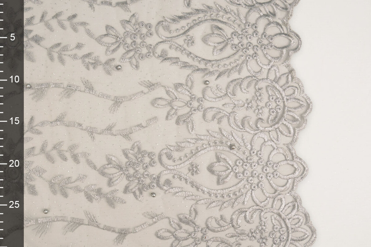 Mesh Embroidered Mary Glitter with Pearl Silver