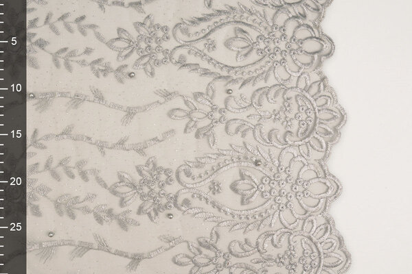 Mesh Geborduurd Mary Glitter met Parel Zilver