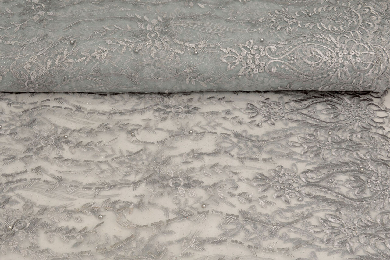 Mesh Embroidered Mary Glitter with Pearl Silver