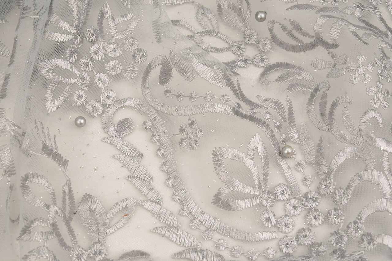 Mesh Embroidered Mary Glitter with Pearl Silver