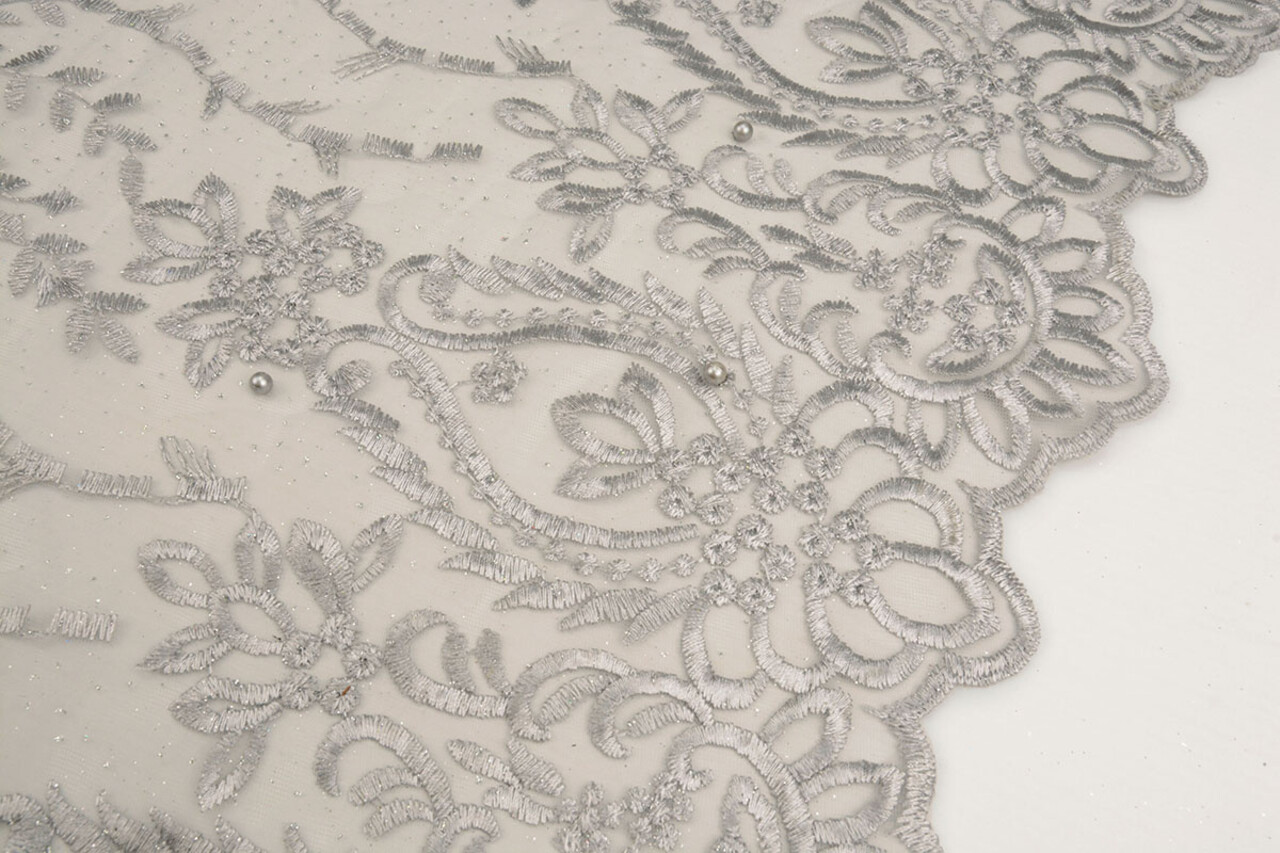 Mesh Embroidered Mary Glitter with Pearl Silver