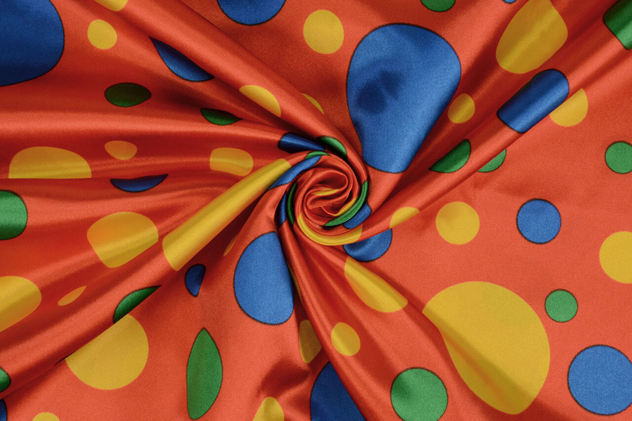 Poly Satijn Bedrukt Clown Stippen Rood