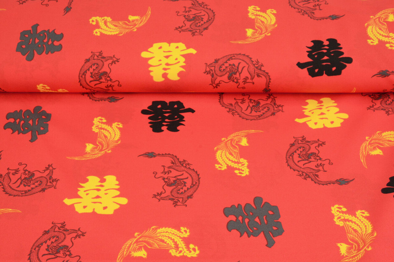 Bi-Stretch Bedrukt Chinese Draak Rood Bi-Stretch Bedrukt Chinese Draak Rood