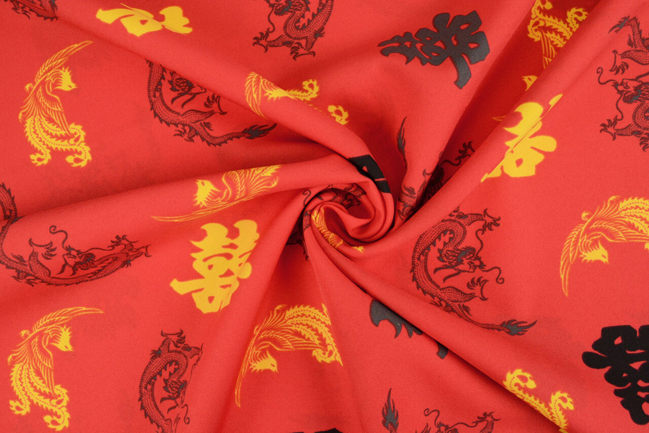 Bi-Stretch Printed Chinese Dragon Red