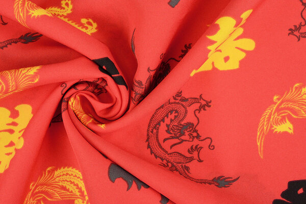 Bi-Stretch Stampato Chinese Draak Rosso Bi-Stretch Stampato Chinese Draak Rosso