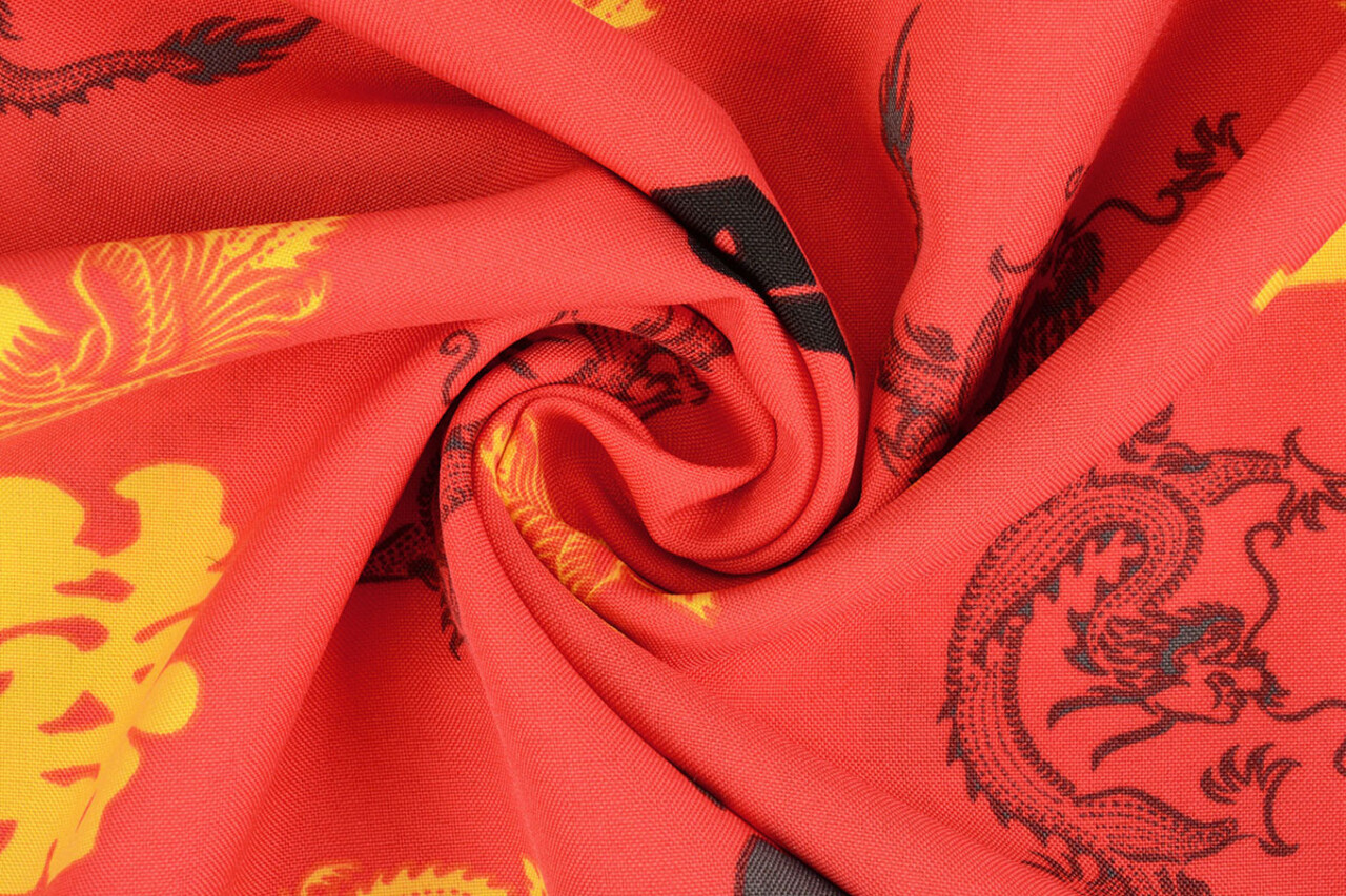 Bi-Stretch Stampato Chinese Draak Rosso Bi-Stretch Stampato Chinese Draak Rosso