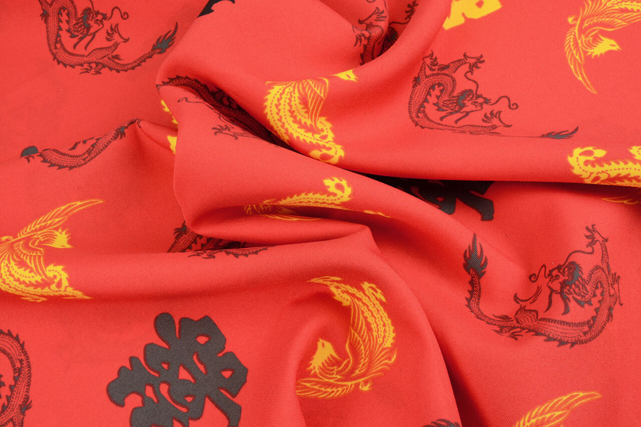 Bi-Stretch Printed Chinese Dragon Red