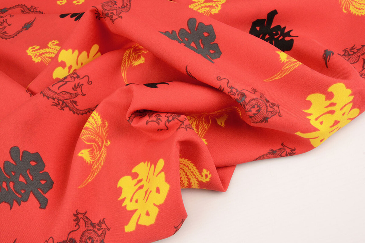 Bi-Stretch Imprimé Chinese Draak Rouge