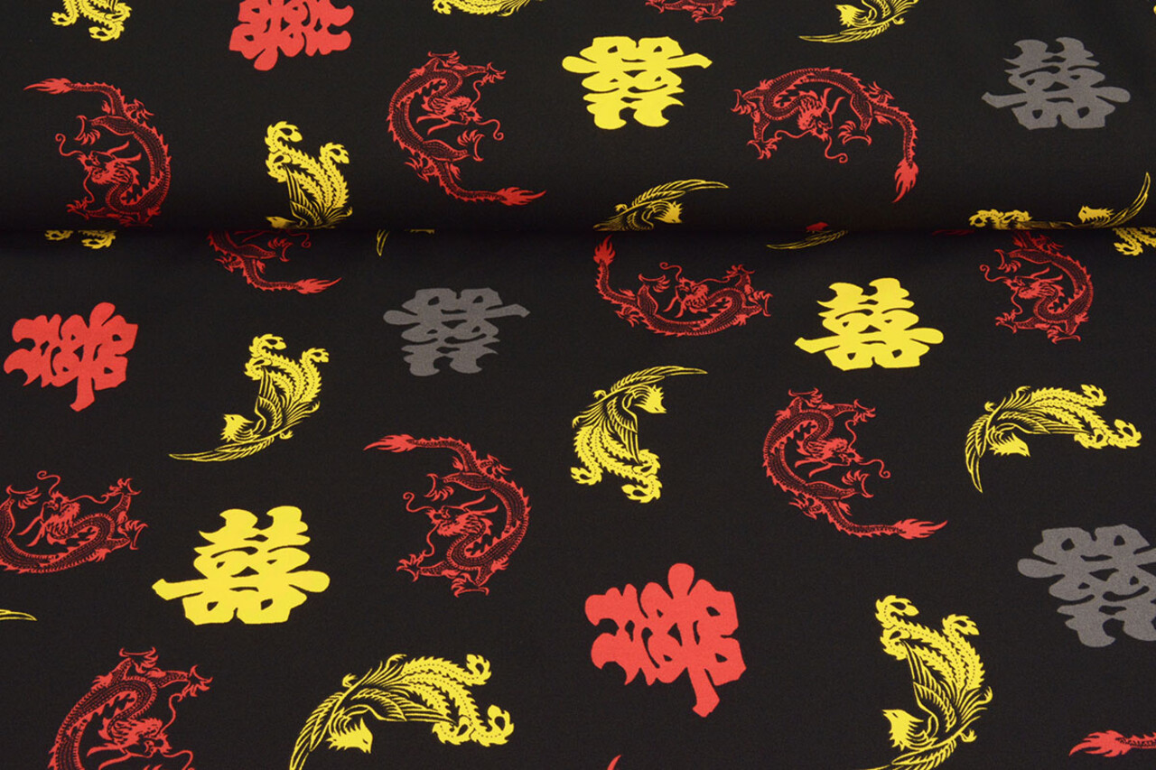 Bi-Elástico Estampado Chinese Draak Negro Bi-Elástico Estampado Chinese Draak Negro