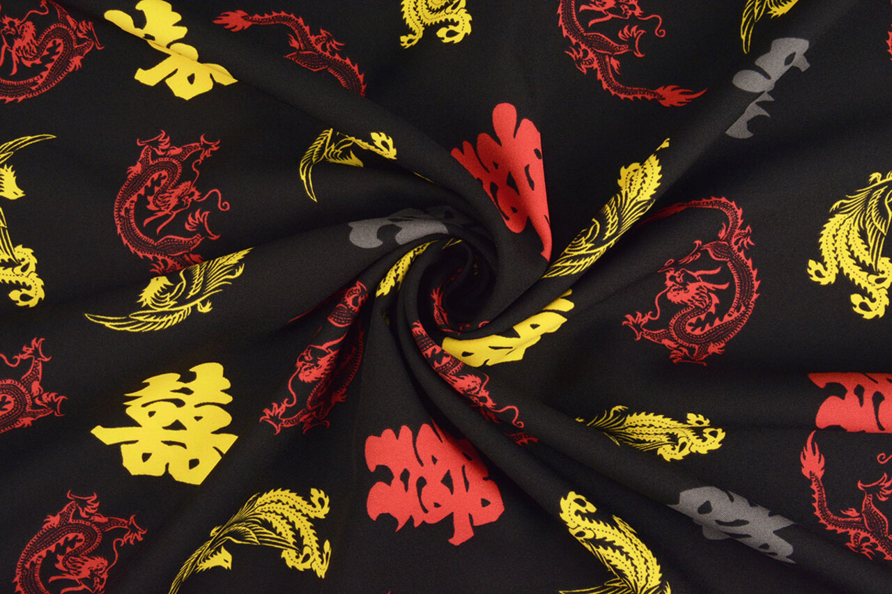 Bi-Stretch Imprimé Chinese Draak Noir