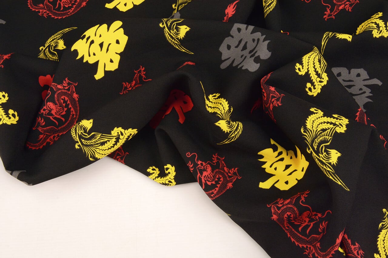 Bi-Stretch Stampato Chinese Draak Nero Bi-Stretch Stampato Chinese Draak Nero