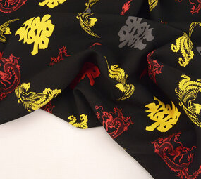 Bi-Stretch Bedrukt Chinese Draak Zwart