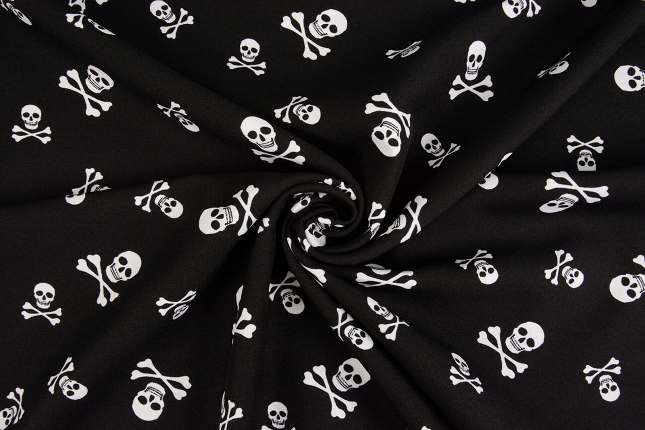 Bi-Stretch Bedrukt Piraten Doodshoofd Zwart Bi-Stretch Bedrukt Piraten Doodshoofd Zwart