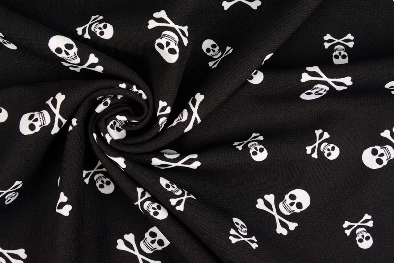 Bi-Stretch Bedrukt Piraten Doodshoofd Zwart Bi-Stretch Bedrukt Piraten Doodshoofd Zwart