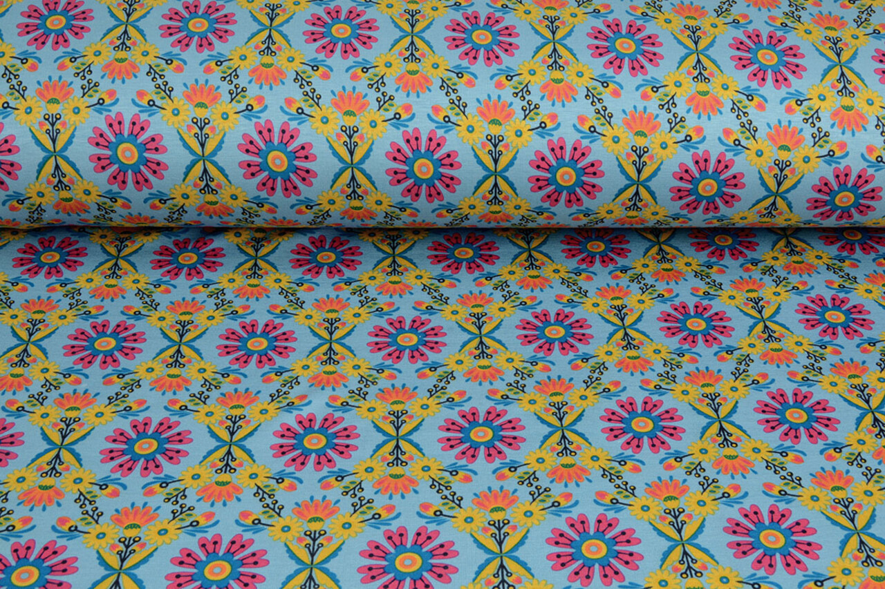 Sweatstoff Alpenfleece Robin Blumen Hellblau