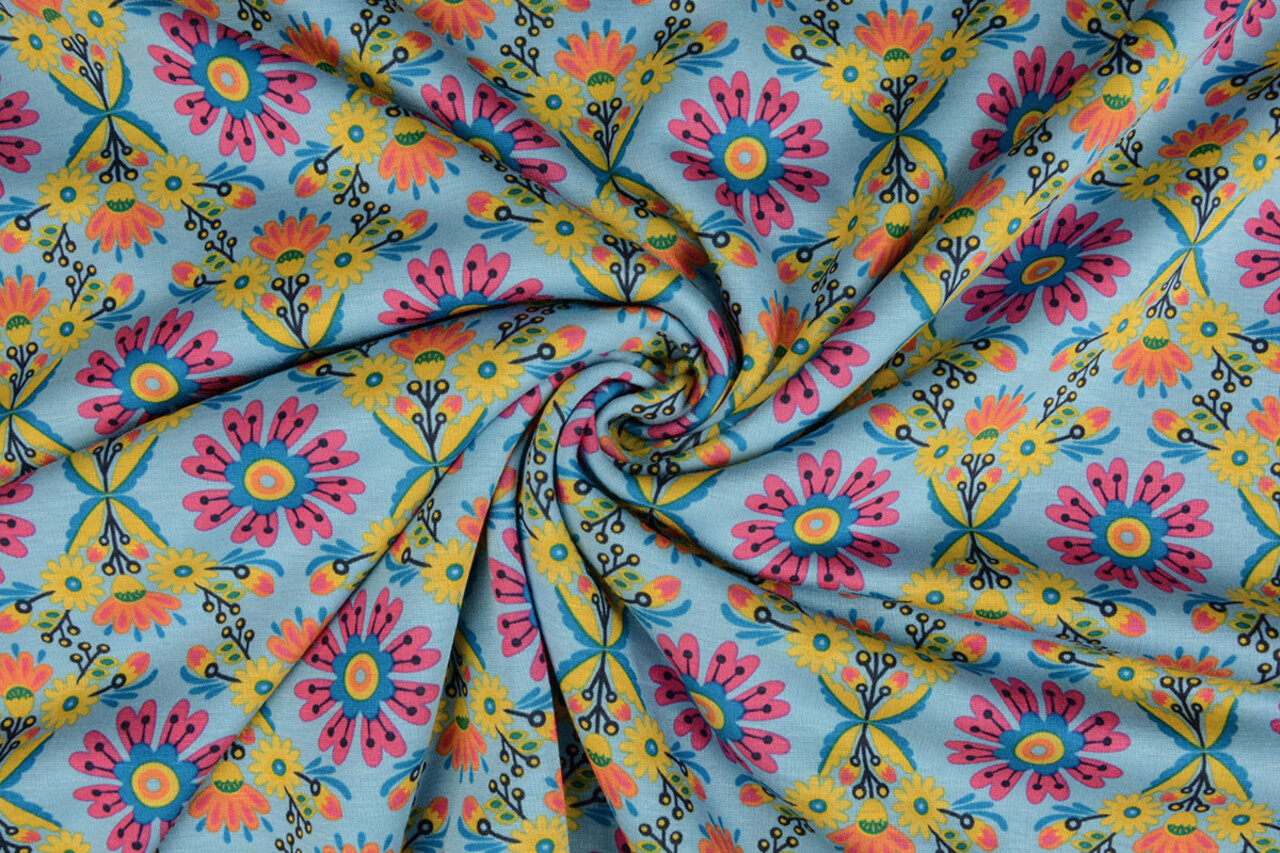 Sweatstoff Alpenfleece Robin Blumen Hellblau