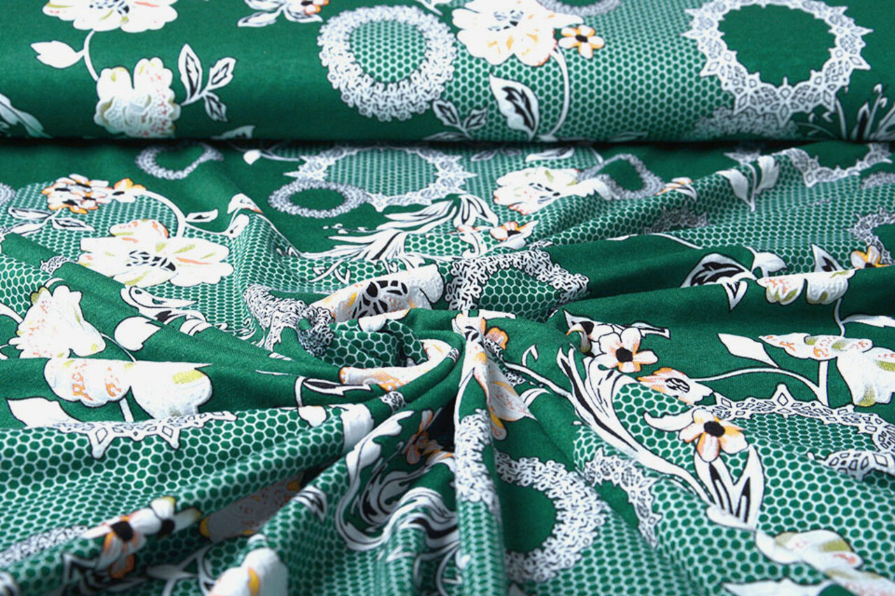 Jersey de Viscosa Lacquar Flores Flor Verde Jersey de Viscosa Lacquar Flores Flor Verde