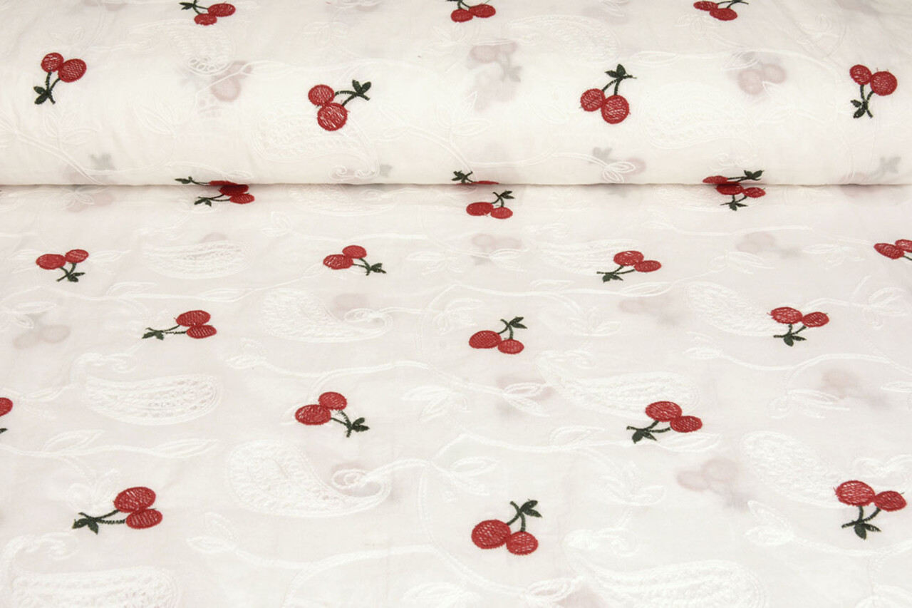 100% Katoen Voile Geborduurd Kers Off-White 100% Katoen Voile Geborduurd Kers Off-White