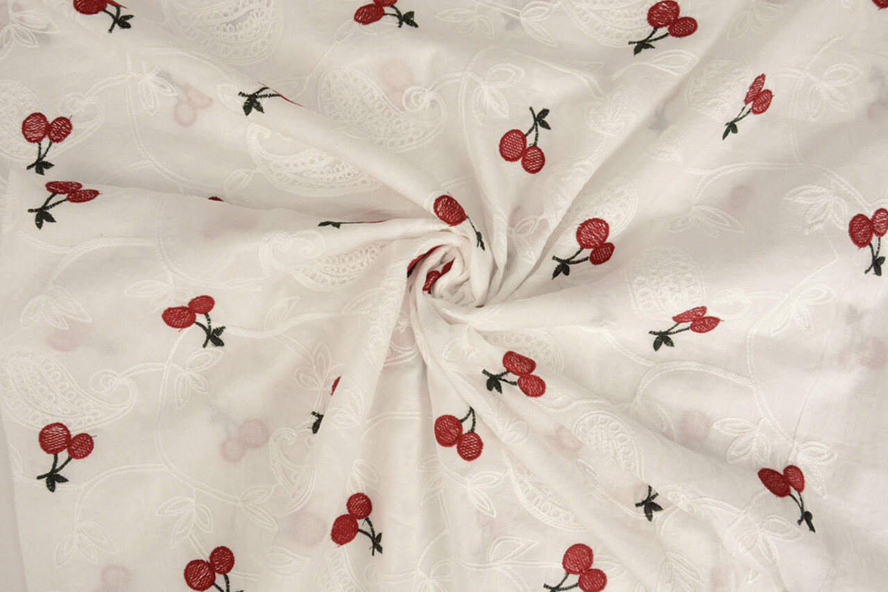 100% Baumwolle Voile Bestickt Kirsche Off-White