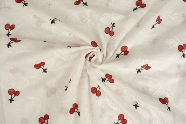 100% Baumwolle Voile Bestickt Kirsche Off-White