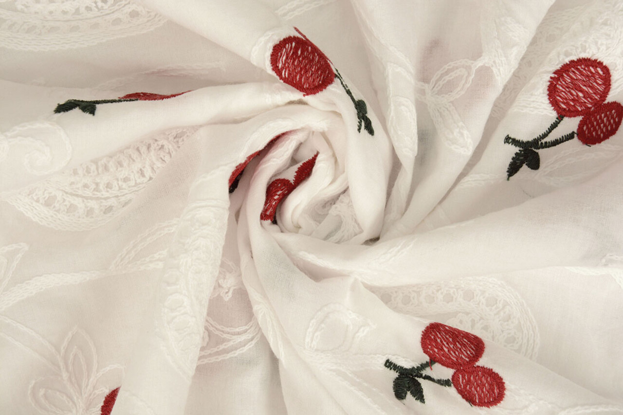 100% Baumwolle Voile Bestickt Kirsche Off-White